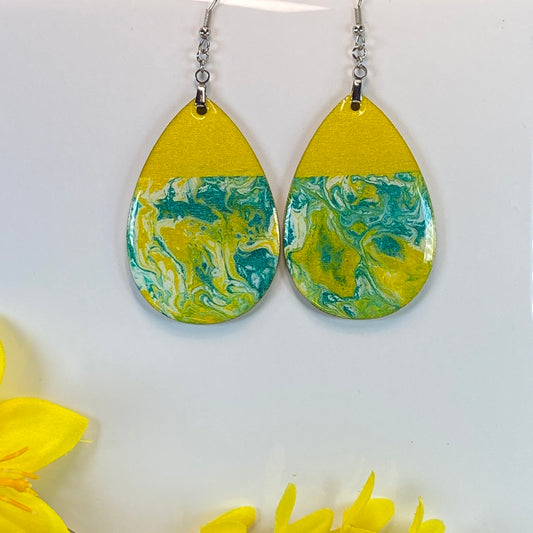 Hand Painted Tear Drop Color Block Iridescent Dangle Pendant Earrings