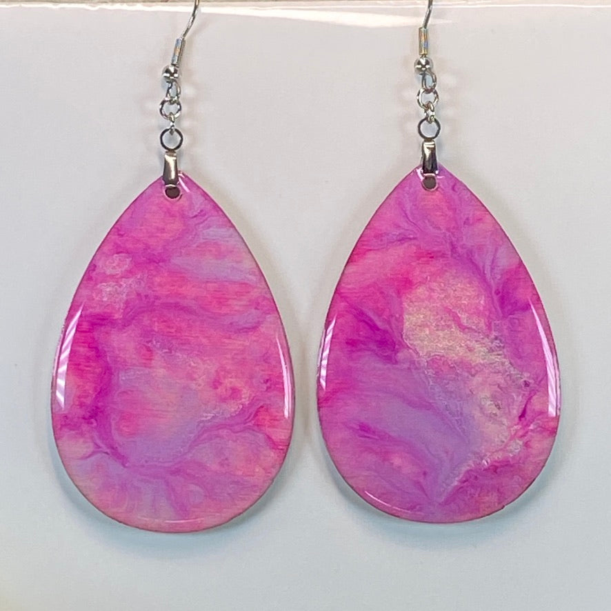 Hand Painted Tear Drop Iridescent Dangle Pendant Earrings