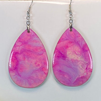 Hand Painted Tear Drop Iridescent Dangle Pendant Earrings