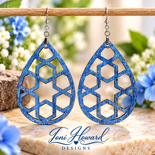 Hand Painted Tear Drop Cut Out Iridescent Dangle Pendant Earrings