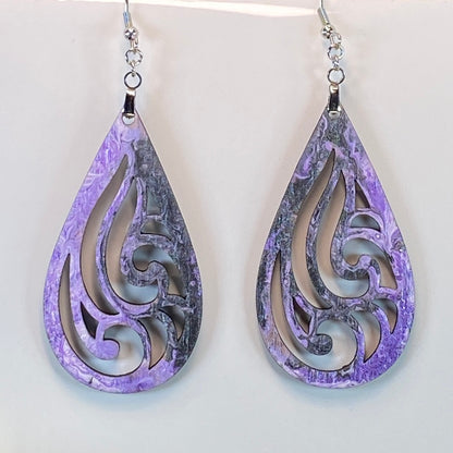 Hand Painted Tear Drop Cut Out Iridescent Dangle Pendant Earrings