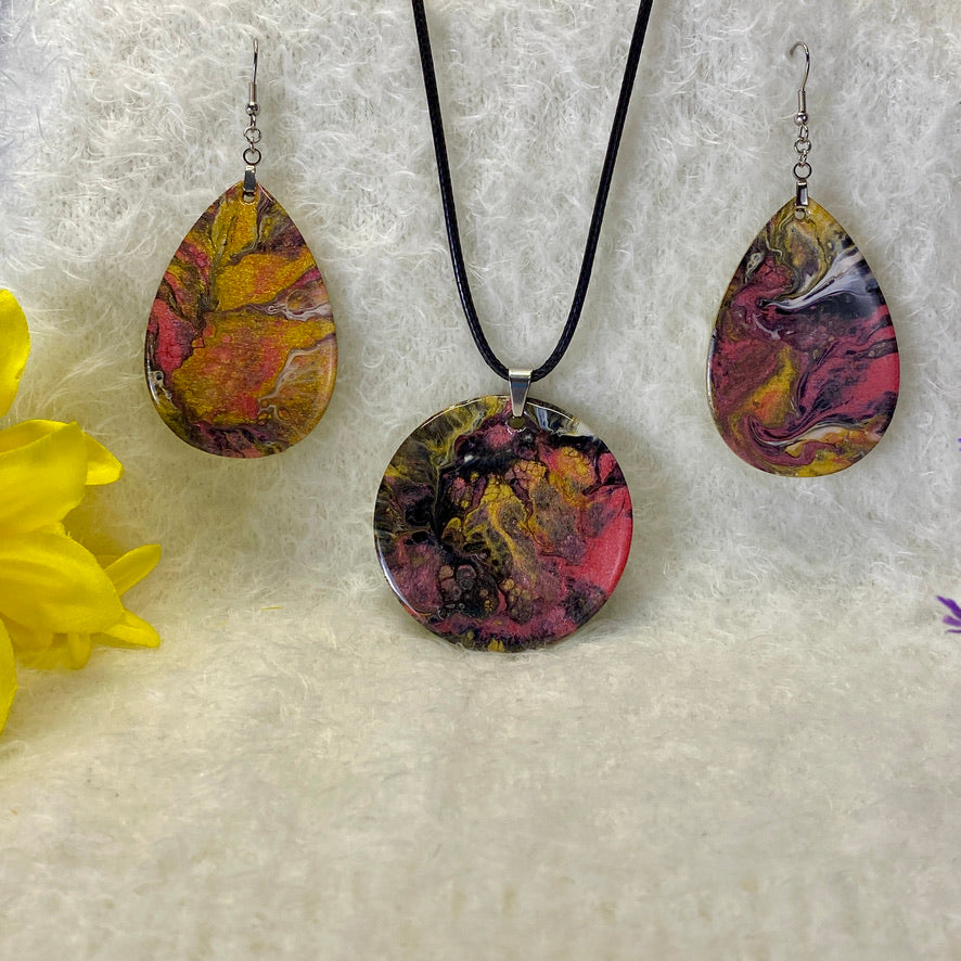 Hand Painted Iridescent Pendant Necklace And Earring Set