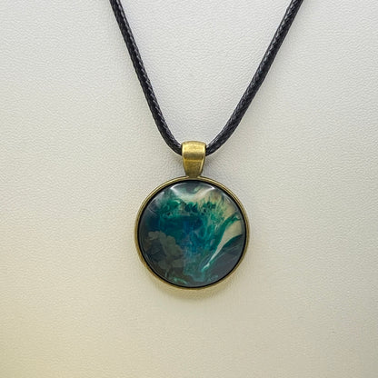 Hand Painted Glass Cabochon Round Bezel Pendant Necklace