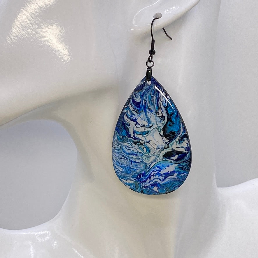 Hand Painted Tear Drop Iridescent Dangle Pendant Earrings