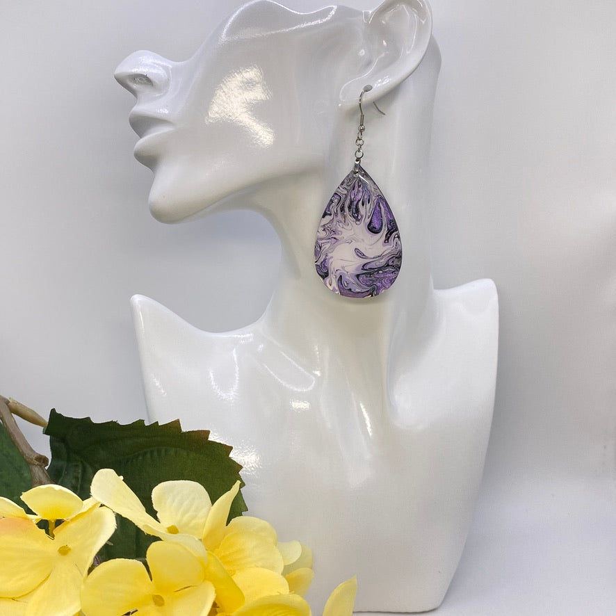 Hand Painted Tear Drop Iridescent Dangle Pendant Earrings