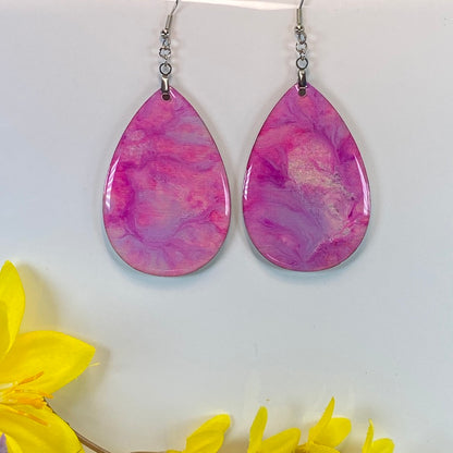 Hand Painted Tear Drop Iridescent Dangle Pendant Earrings