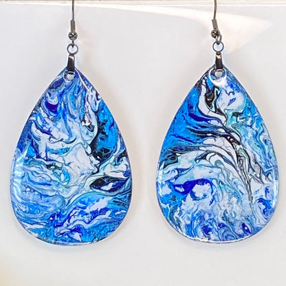 Hand Painted Tear Drop Iridescent Dangle Pendant Earrings