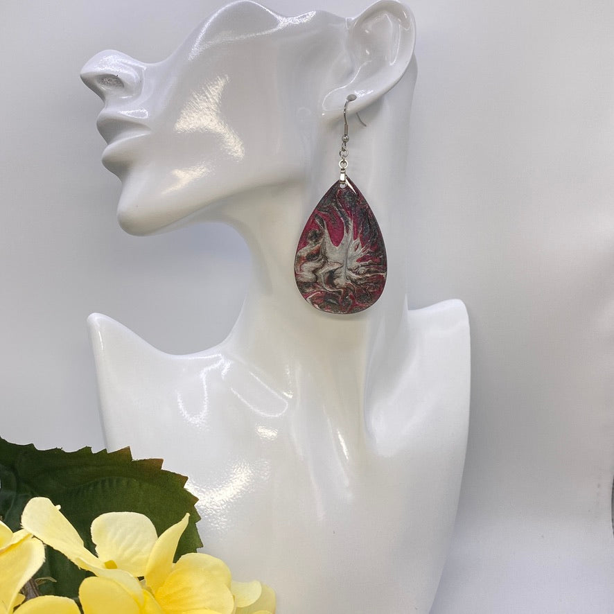 Hand Painted Tear Drop Iridescent Dangle Pendant Earrings