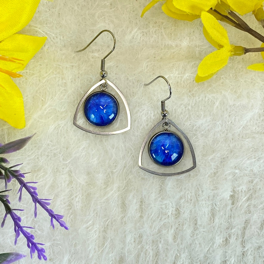 Hand Painted Glass Cabochon Gem Bezel Earrings