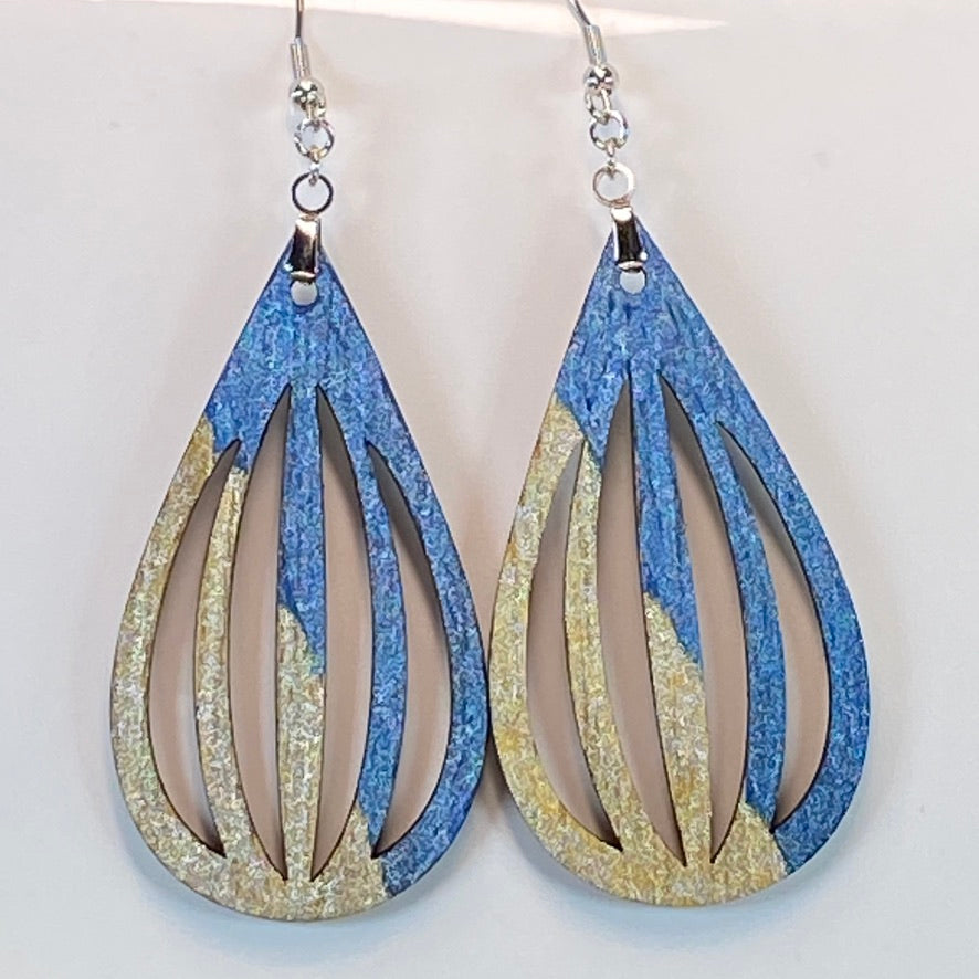 Hand Painted Tear Drop Cut Out Iridescent Dangle Pendant Earrings