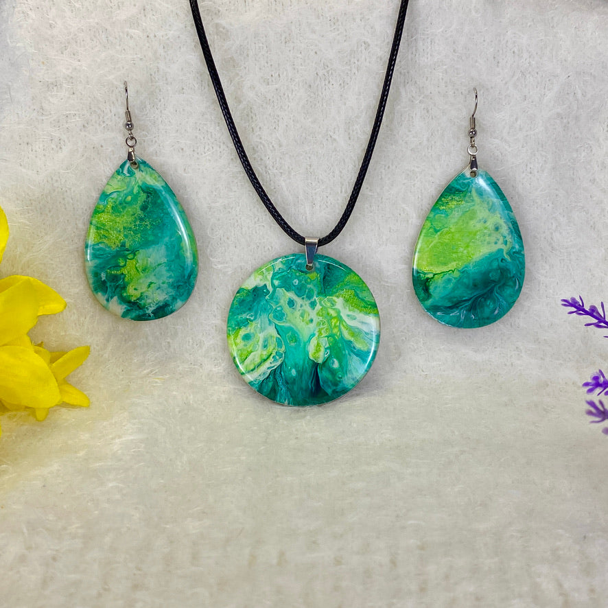 Hand Painted Iridescent Pendant Necklace And Earring Set