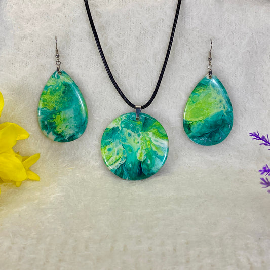 Hand Painted Iridescent Pendant Necklace And Earring Set