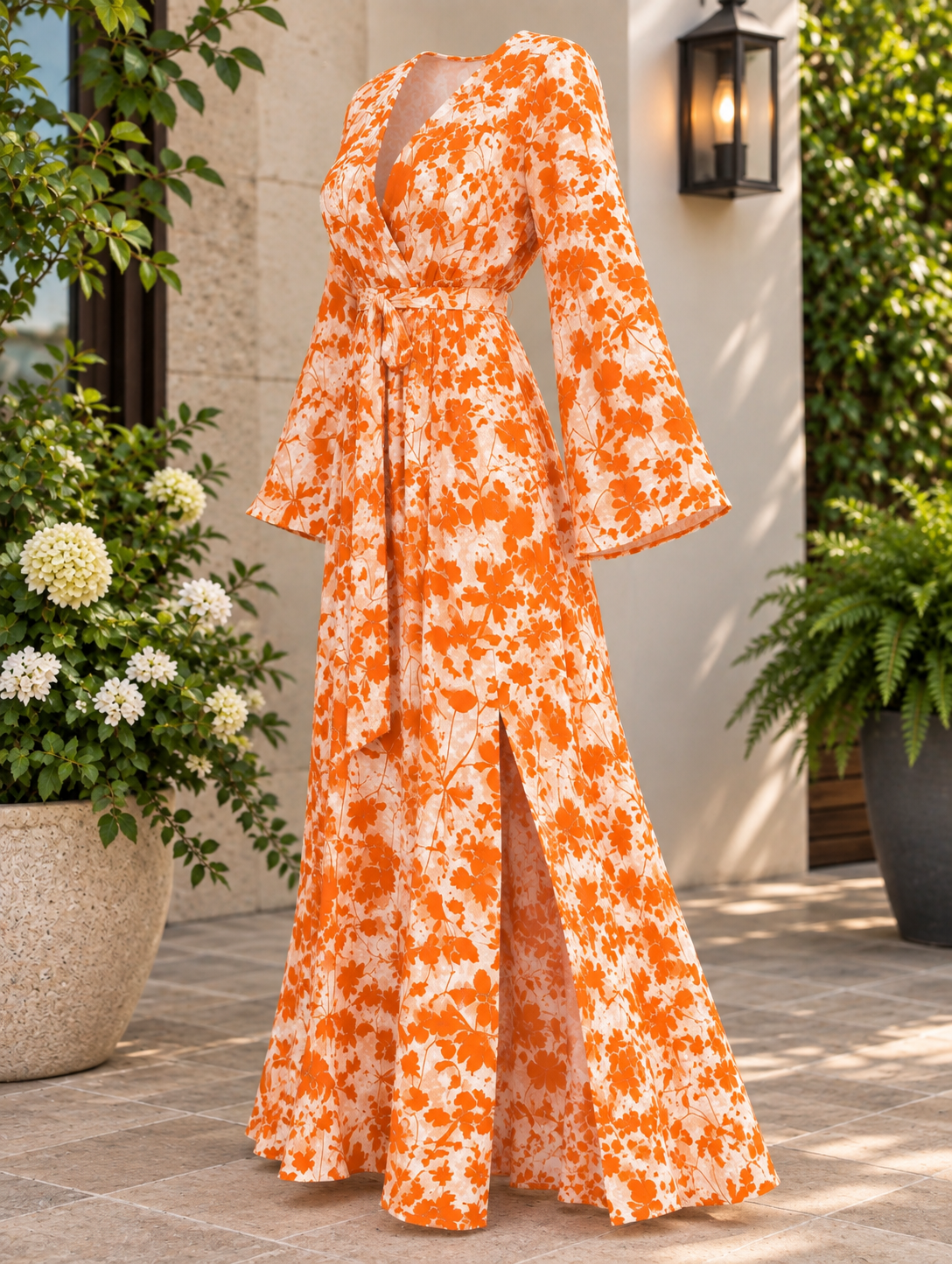 Plus Size Orange Floral Bell Sleeve Maxi Dress - Women's V-Neck  1XL, 2XL, 3XL