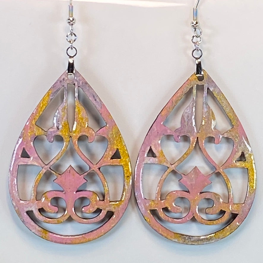 Hand Painted Tear Drop Cut Out Iridescent Dangle Pendant Earrings