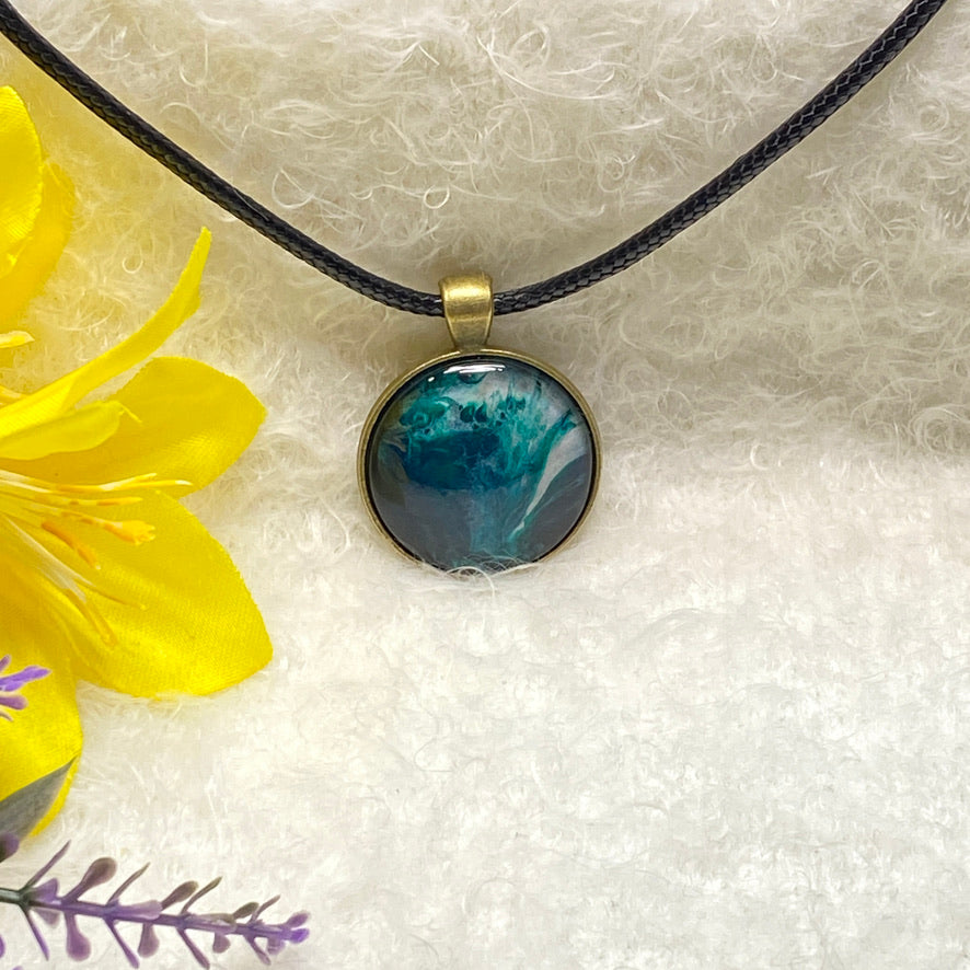 Hand Painted Glass Cabochon Round Bezel Pendant Necklace