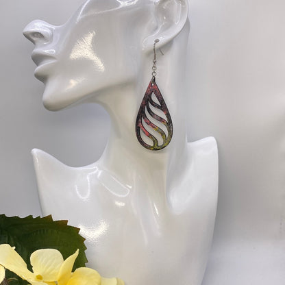 Hand Painted Tear Drop Cut Out Iridescent Dangle Pendant Earrings