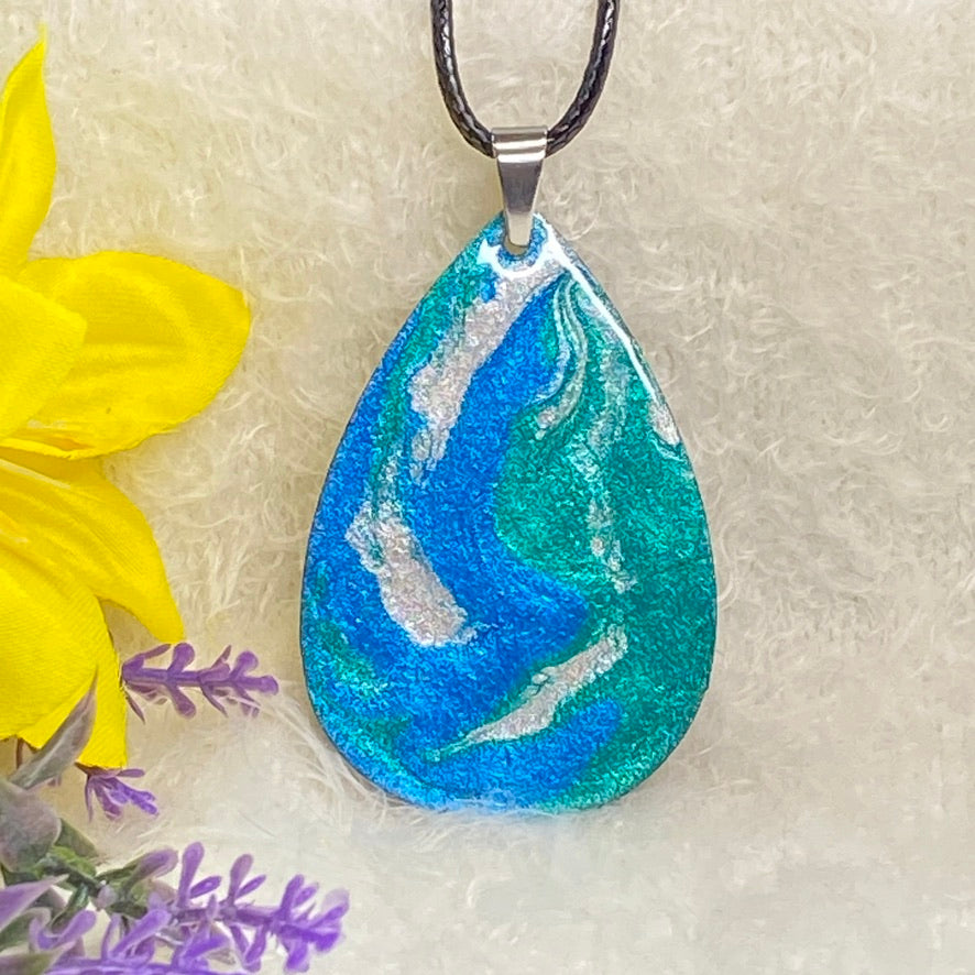 Hand Painted Iridescent Tear Drop Pendant Necklace