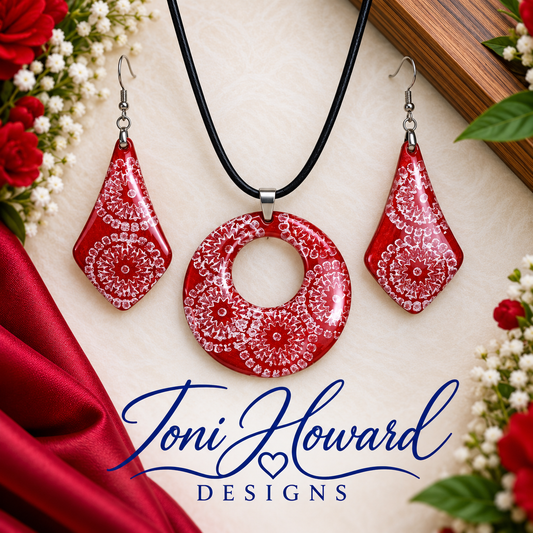 Hand Painted Iridescent Center Hollow Pendant Necklace and Earring Set