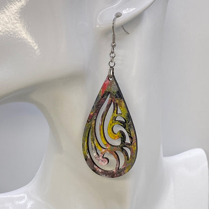 Hand Painted Tear Drop Cut Out Iridescent Dangle Pendant Earrings