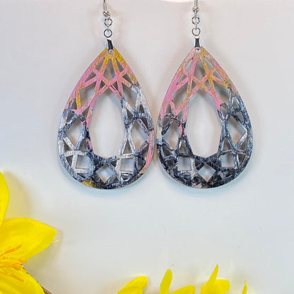 Hand Painted Tear Drop Cut Out Iridescent Dangle Pendant Earrings