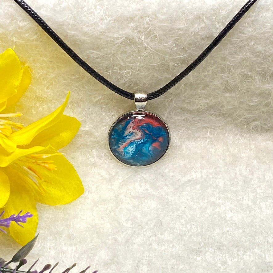 Hand Painted Glass Cabochon Round Bezel Pendant Necklace