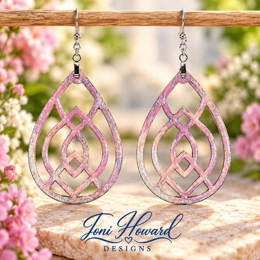 Hand Painted Tear Drop Cut Out Iridescent Dangle Pendant Earrings