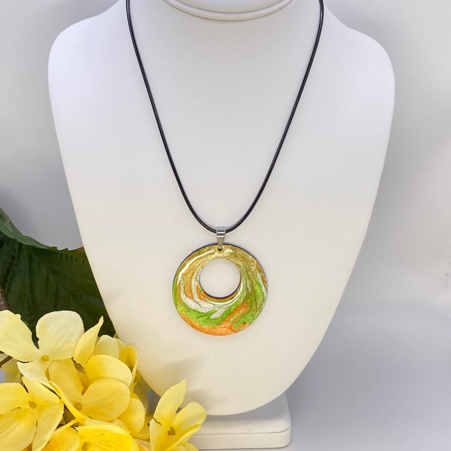 Hand Painted Iridescent Center Hollow Pendant Necklace