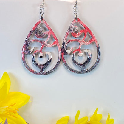 Hand Painted Tear Drop Cut Out Iridescent Dangle Pendant Earrings