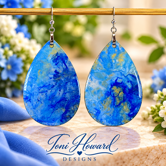 Hand Painted Tear Drop Iridescent Dangle Pendant Earrings