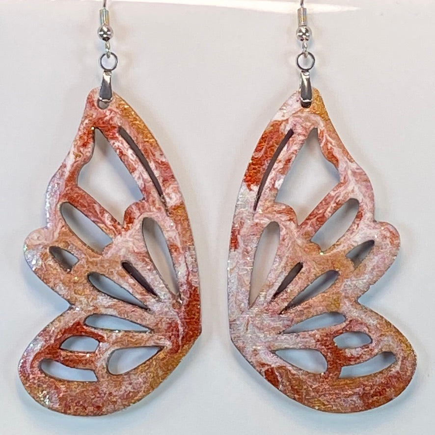 Hand Painted Geometric Cut Out Butterfly Iridescent Dangle Pendant Earrings