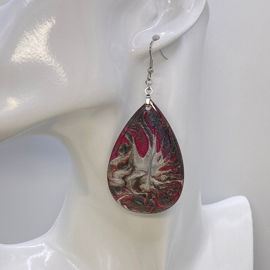 Hand Painted Tear Drop Iridescent Dangle Pendant Earrings