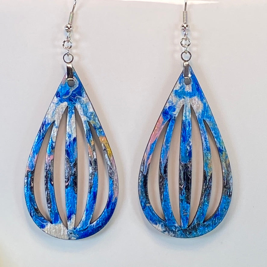 Hand Painted Tear Drop Cut Out Iridescent Dangle Pendant Earrings