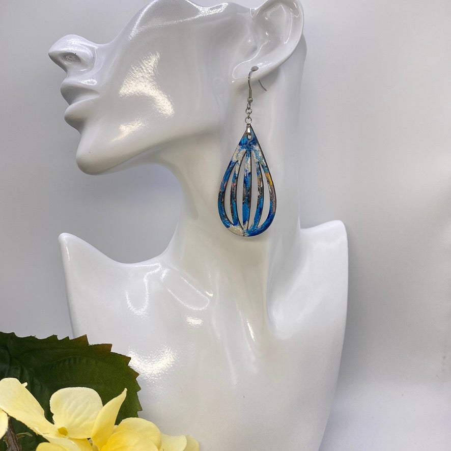 Hand Painted Tear Drop Cut Out Iridescent Dangle Pendant Earrings