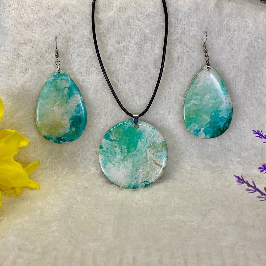 Hand Painted Iridescent Pendant Necklace And Earring Set