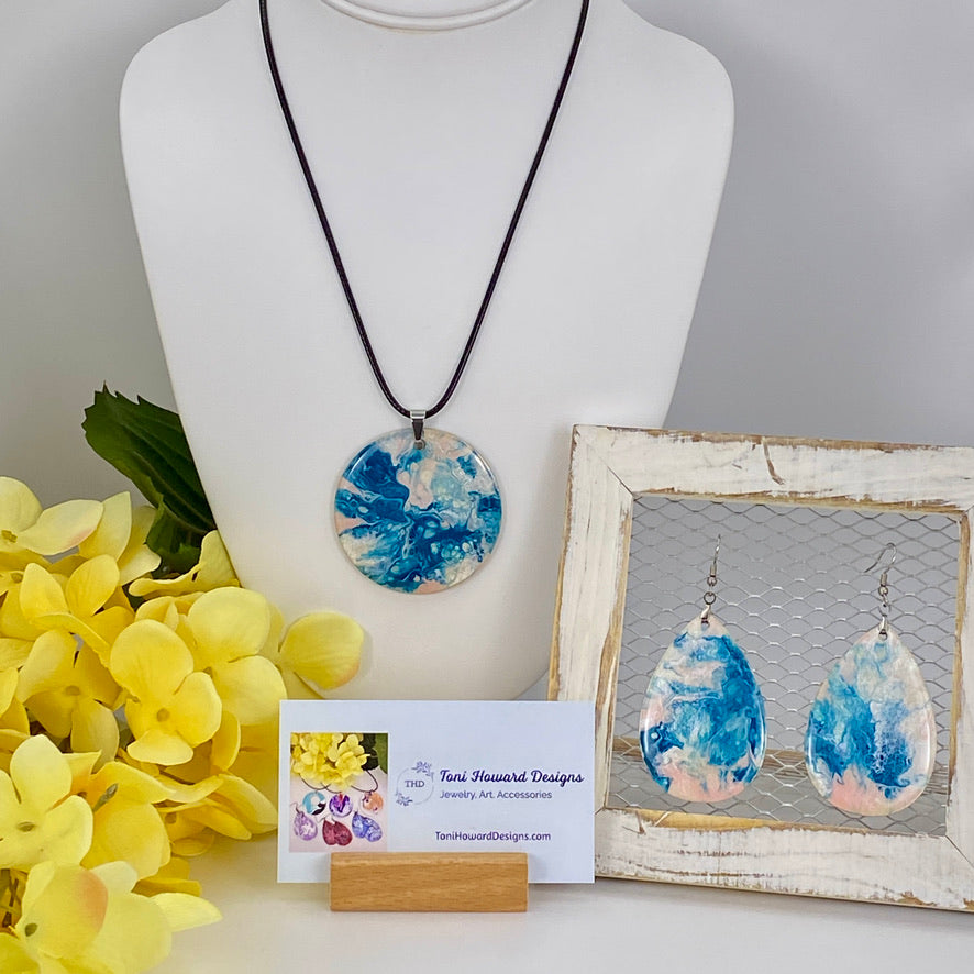 Hand Painted Iridescent Pendant Necklace And Earring Set