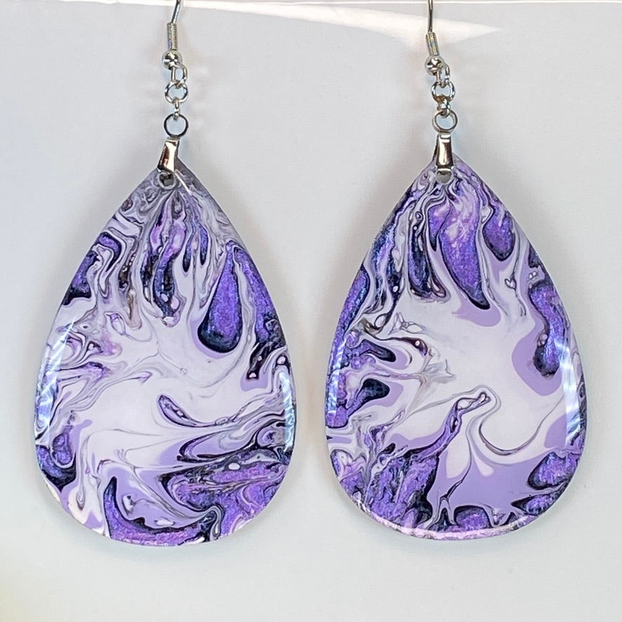 Hand Painted Tear Drop Iridescent Dangle Pendant Earrings