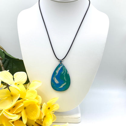 Hand Painted Iridescent Tear Drop Pendant Necklace