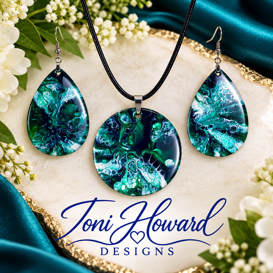 Hand Painted Iridescent Pendant Necklace And Earring Set