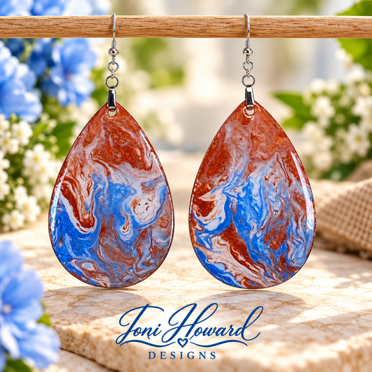 Hand Painted Tear Drop Iridescent Dangle Pendant Earrings
