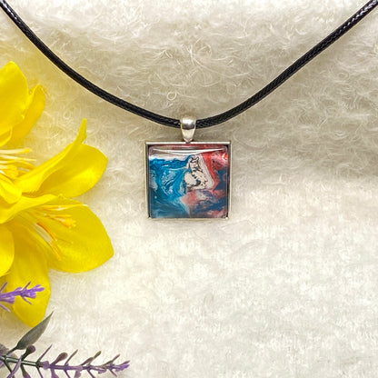 Hand Painted Glass Cabochon Square Bezel Pendant Necklace