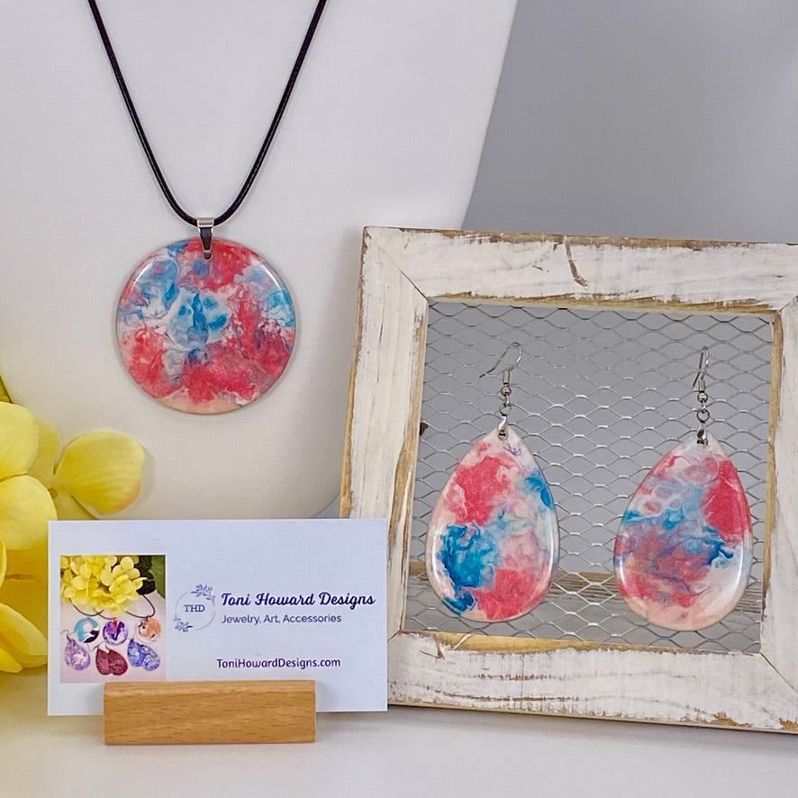 Hand Painted Iridescent Pendant Necklace And Earring Set