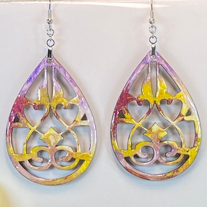 Hand Painted Tear Drop Cut Out Iridescent Dangle Pendant Earrings