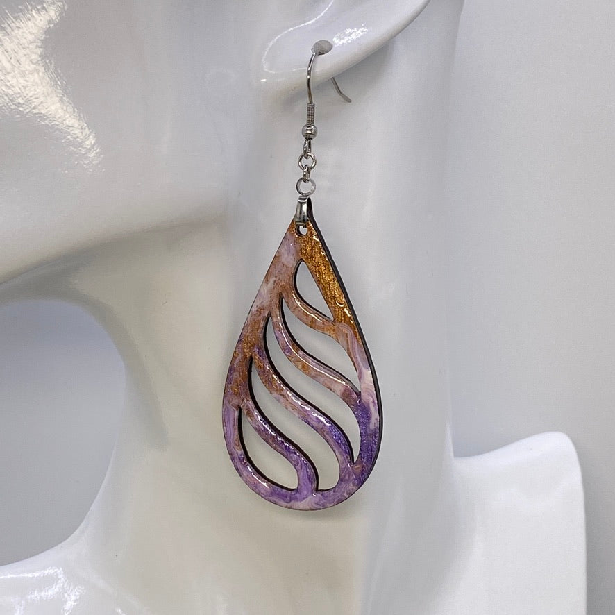 Hand Painted Tear Drop Cut Out Iridescent Dangle Pendant Earrings