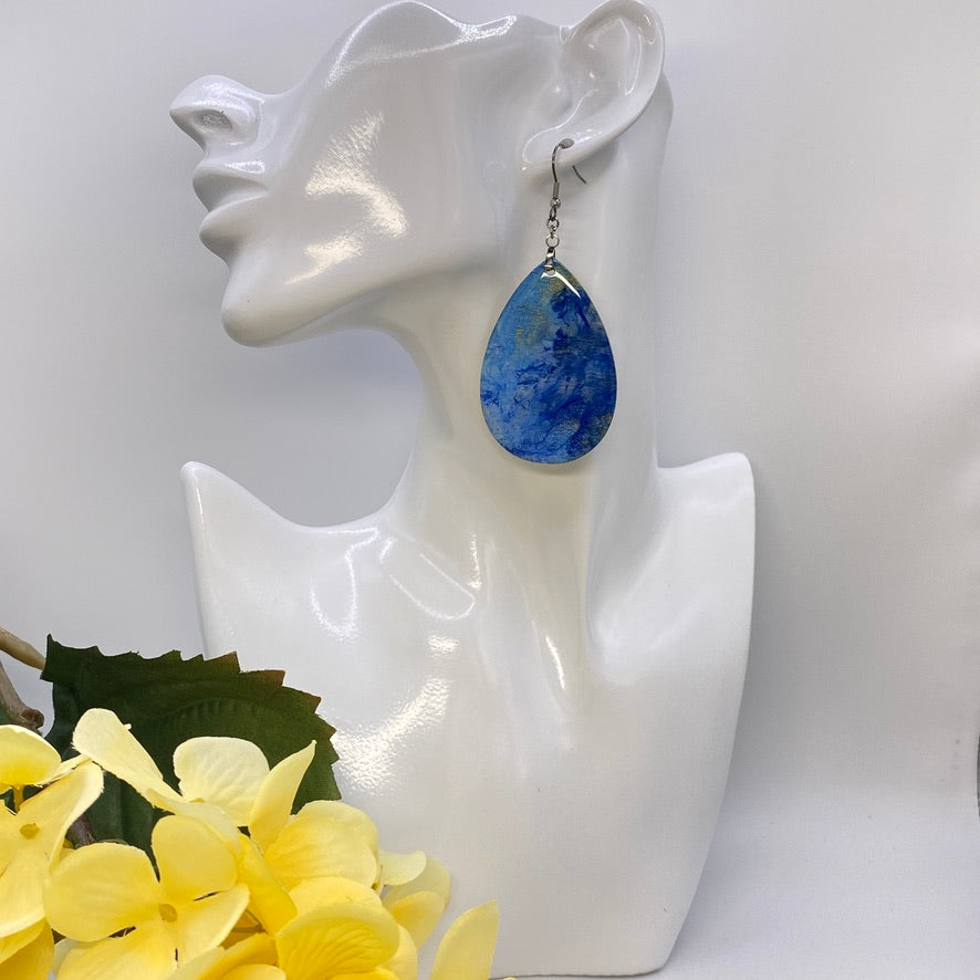 Hand Painted Tear Drop Iridescent Dangle Pendant Earrings