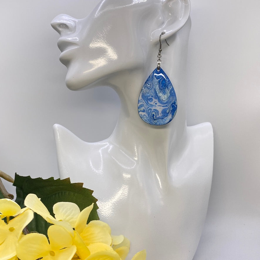 Hand Painted Tear Drop Iridescent Dangle Pendant Earrings