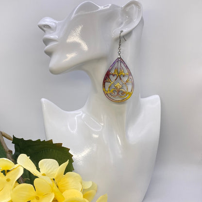 Hand Painted Tear Drop Cut Out Iridescent Dangle Pendant Earrings