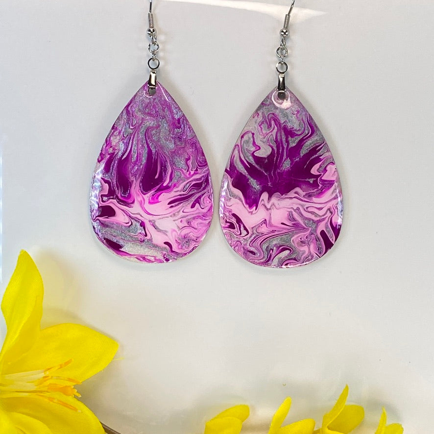 Hand Painted Tear Drop Iridescent Dangle Pendant Earrings