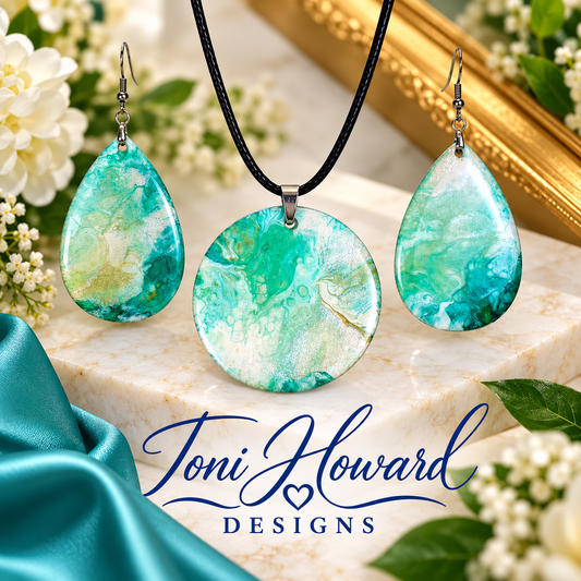 Hand Painted Iridescent Pendant Necklace And Earring Set