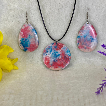 Hand Painted Iridescent Pendant Necklace And Earring Set