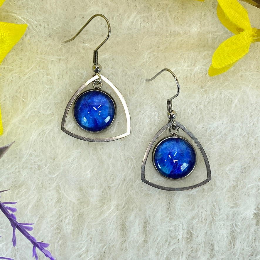 Hand Painted Glass Cabochon Gem Bezel Earrings